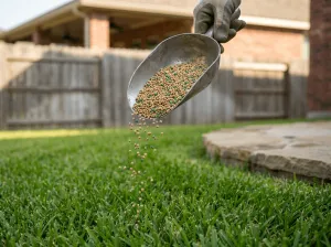 A hand holding a scoop of granular lawn fertilizer over a thick lawn
