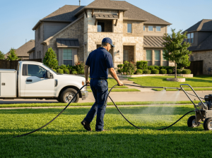 A lawn care technician misting liquid fertilizer in an even pattern