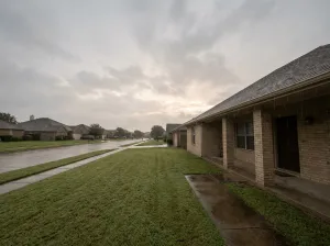 A North Texas suburban street during a light rain shower