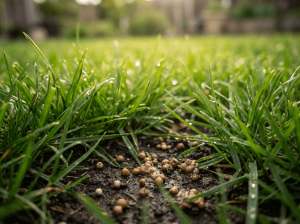 Slightly damp grass with granular fertilizer