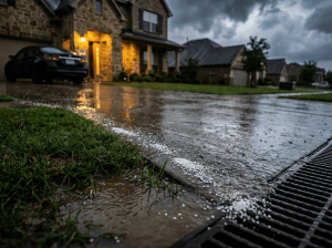 Rainwater with fertilizer running down a suburban concrete driveway