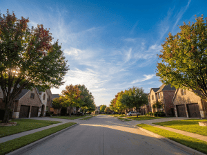 DFW area suburban street with green lawns.